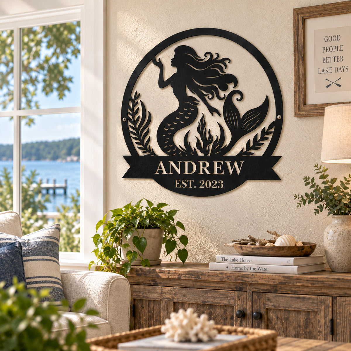 Personalized black mermaid metal wall sign displayed in a warm lake house living room.