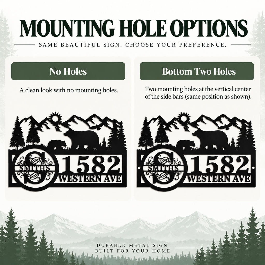 Comparison of no-hole and two-hole mounting options for a personalized black metal address sign.