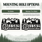 Comparison of no-hole and two-hole mounting options for a personalized black metal address sign.