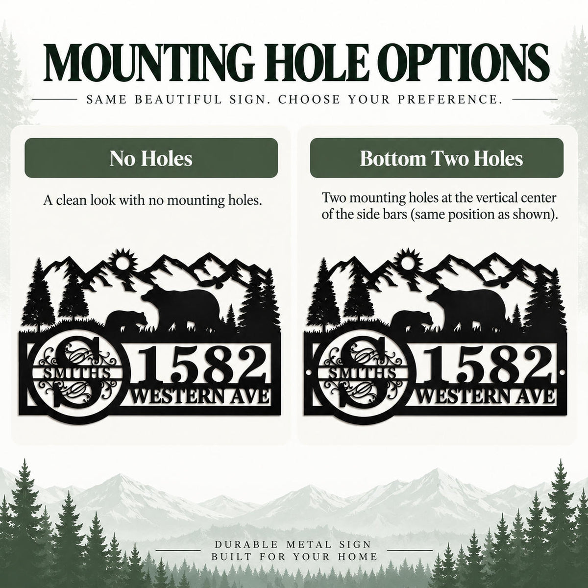 Comparison of no-hole and two-hole mounting options for a personalized black metal address sign.