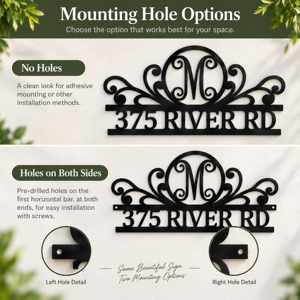 Comparison of no-hole and two-hole options for a personalized metal address sign, with holes at both ends of the upper bar.