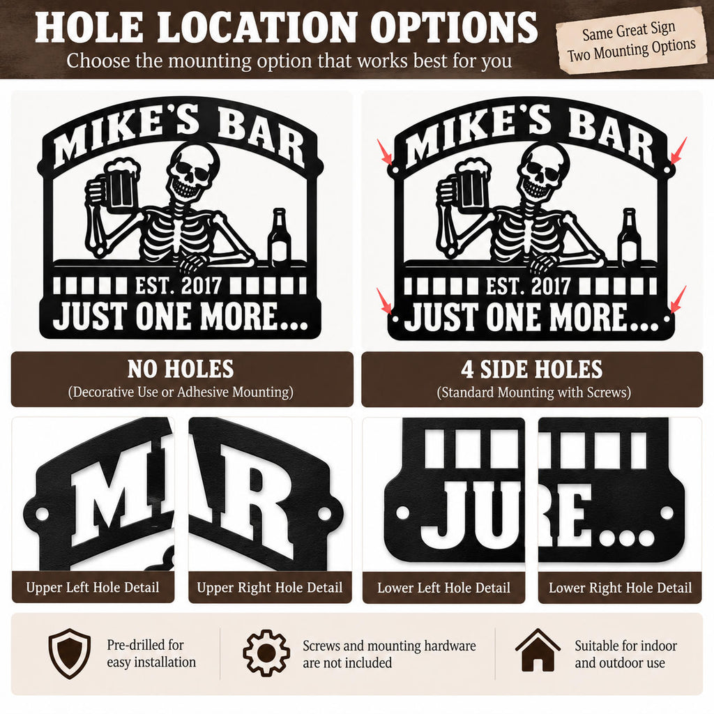 Metal bar sign mounting options showing a no-hole design and four side mounting holes for screw installation.