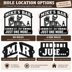 Metal bar sign mounting options showing a no-hole design and four side mounting holes for screw installation.
