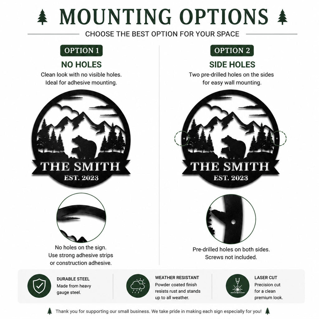 Metal sign mounting options showing no holes and side hole installation choices for wall mounting