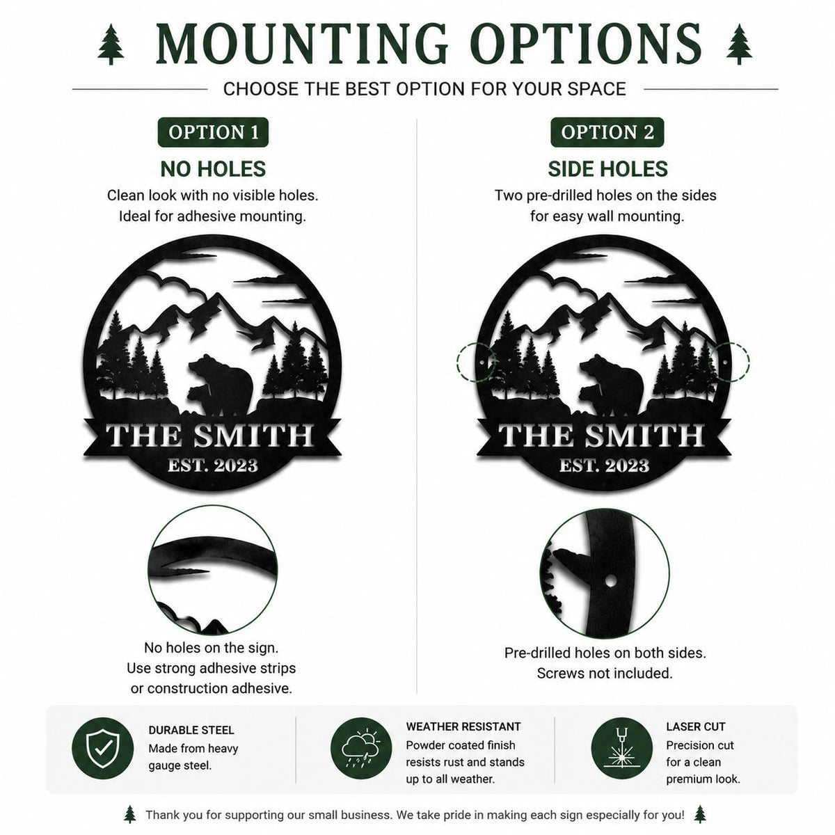 Metal sign mounting options showing no holes and side hole installation choices for wall mounting