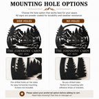 Mounting hole options for personalized metal cabin signs, including side holes and no-hole installation styles for easy outdoor mounting.