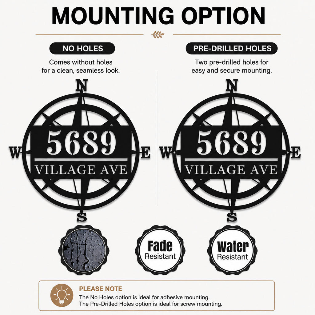 Comparison of no-hole and pre-drilled mounting options for a personalized metal compass address sign.