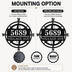 Comparison of no-hole and pre-drilled mounting options for a personalized metal compass address sign.
