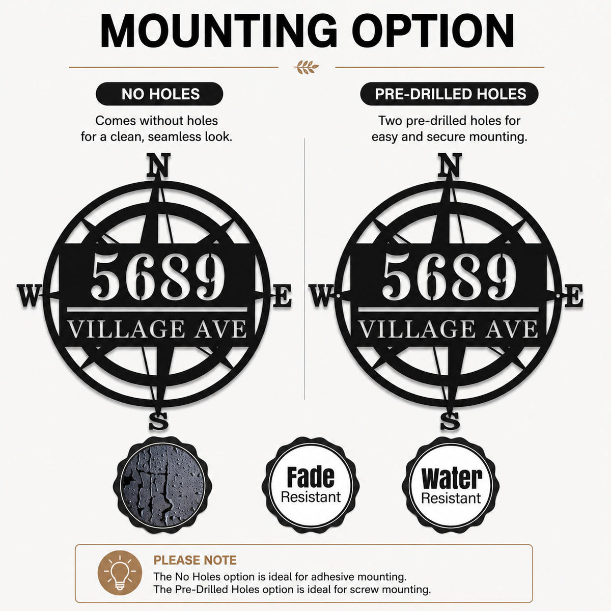 Comparison of no-hole and pre-drilled mounting options for a personalized metal compass address sign.