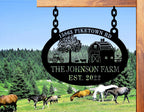 Personalized black metal farm sign with barn, tractor, tree, and animals – custom text rustic outdoor address plaque
