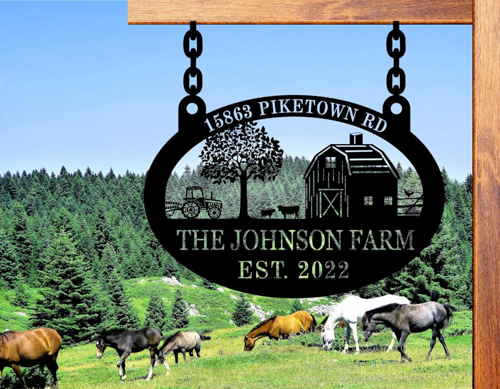 Personalized black metal farm sign with barn, tractor, tree, and animals – custom text rustic outdoor address plaque