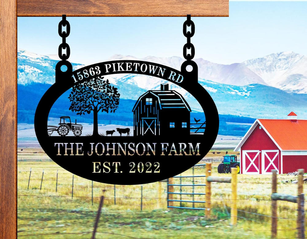 Personalized black metal farm sign with barn, tractor, tree, and animals – custom text rustic outdoor address plaque