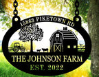 Personalized black metal farm sign with barn, tractor, tree, and animals – custom text rustic outdoor address plaque