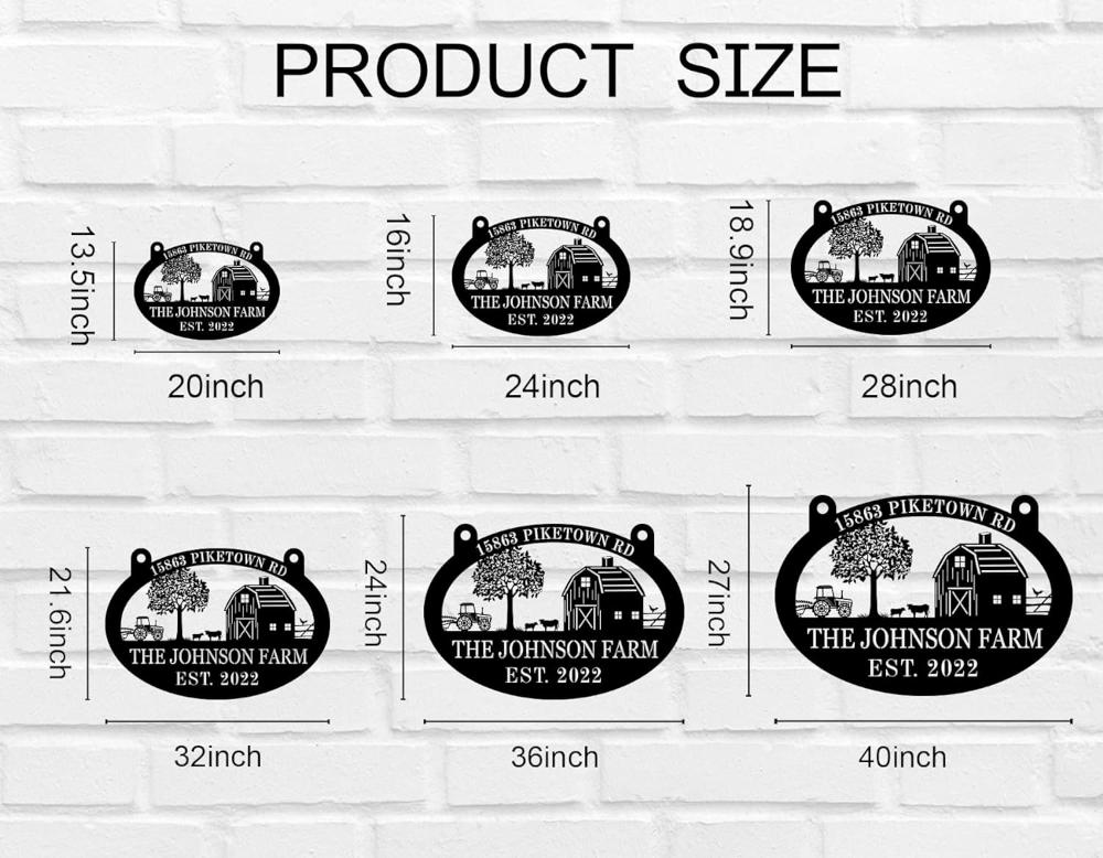 Personalized black metal farm sign with barn, tractor, tree, and animals – custom text rustic outdoor address plaque