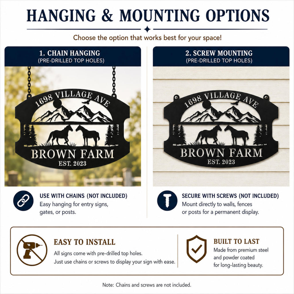 Hanging and mounting options guide for a personalized metal farm sign with chain and screw installation examples.