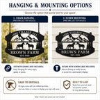 Hanging and mounting options guide for a personalized metal farm sign with chain and screw installation examples.