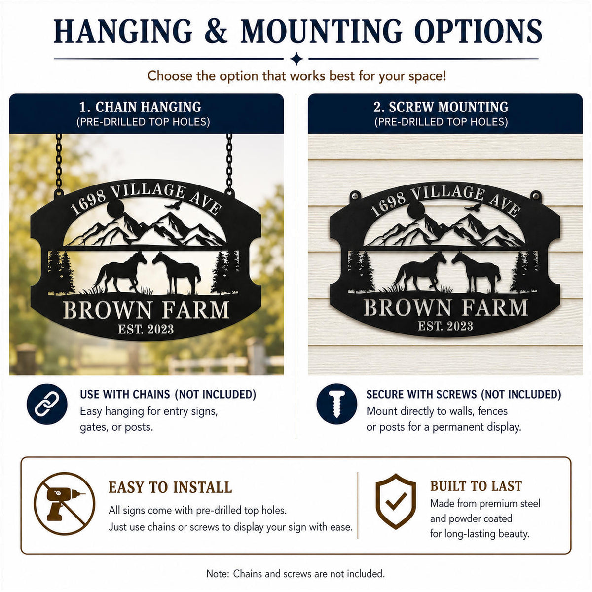 Hanging and mounting options guide for a personalized metal farm sign with chain and screw installation examples.