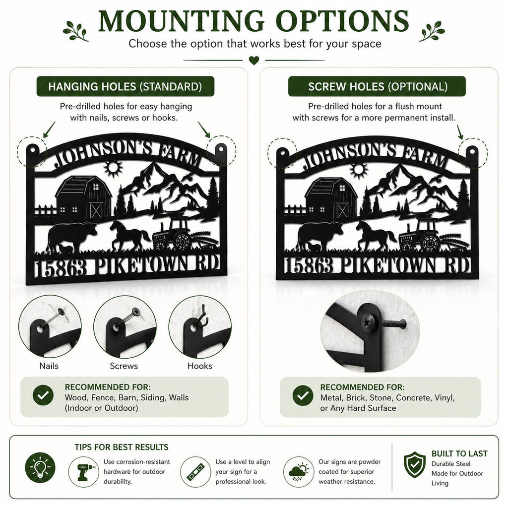 Mounting options guide for a metal farm sign showing hanging holes and screw holes for different installation methods.