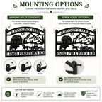 Mounting options guide for a metal farm sign showing hanging holes and screw holes for different installation methods.