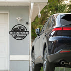 Personalized metal garage sign featuring a sports car silhouette and custom name with "Garage" and established year, laser-cut from durable powder-coated steel for indoor or outdoor use.