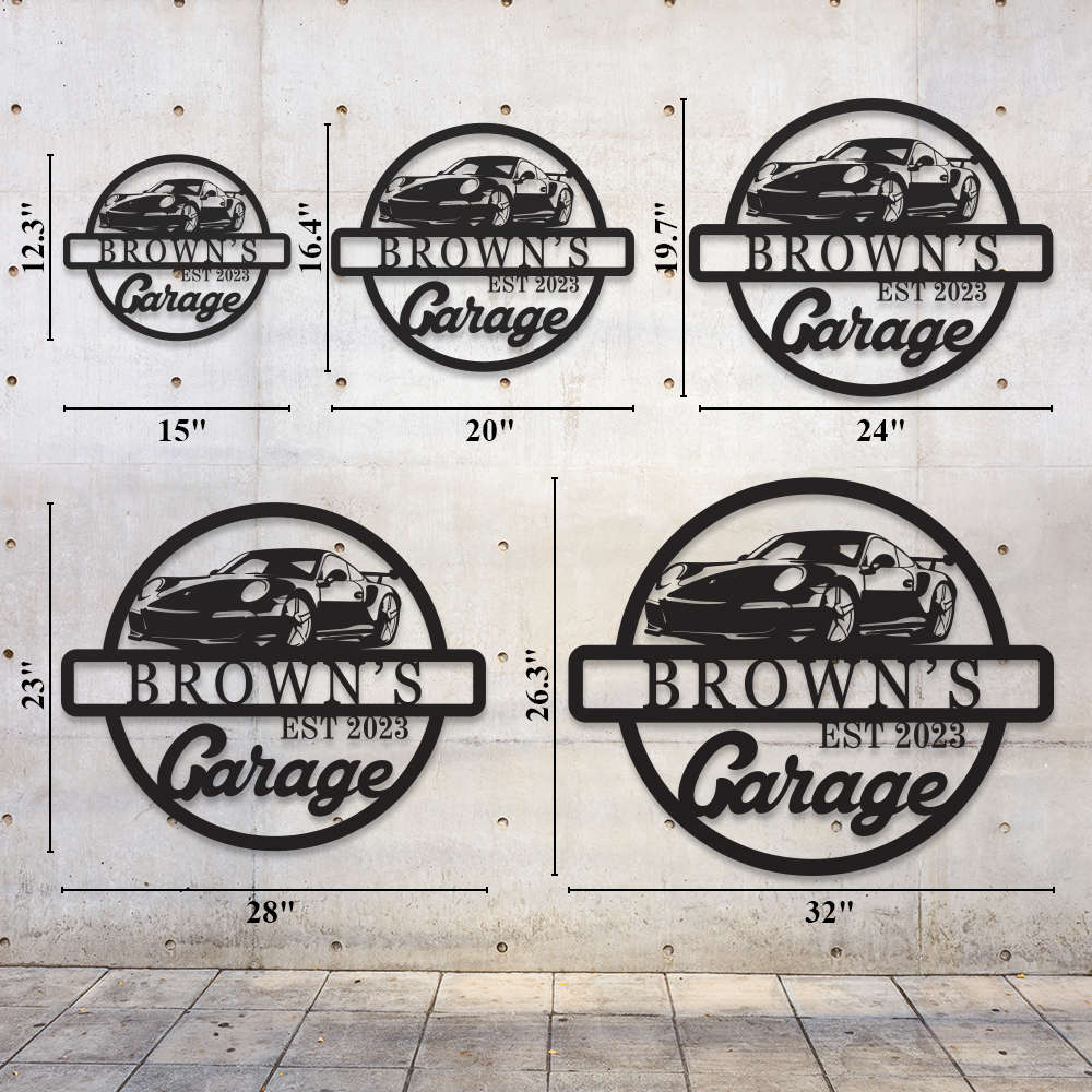 Personalized metal garage sign featuring a sports car silhouette and custom name with "Garage" and established year, laser-cut from durable powder-coated steel for indoor or outdoor use.