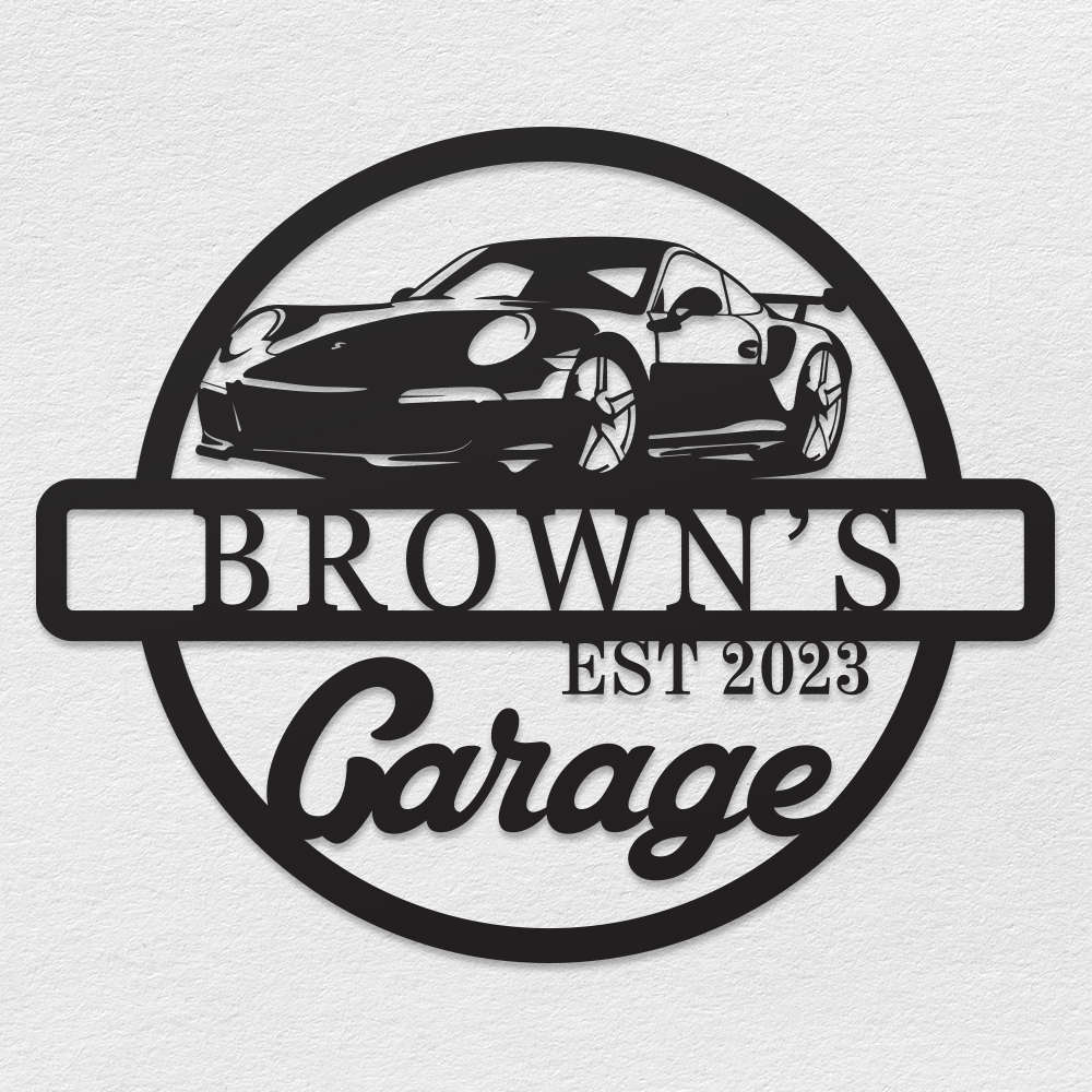 Personalized metal garage sign featuring a sports car silhouette and custom name with "Garage" and established year, laser-cut from durable powder-coated steel for indoor or outdoor use.