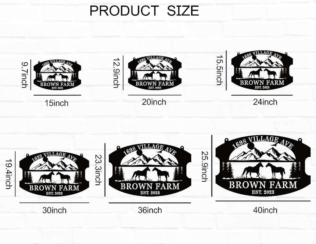 Custom metal farm sign featuring a laser-cut design with mountains, horses, and trees. Personalized text options for a unique farm or home décor piece.