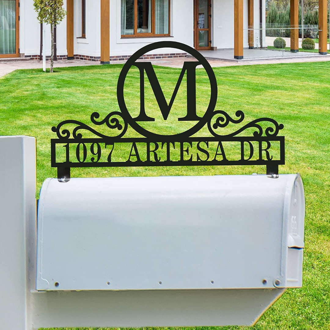 Custom monogram stainless steel mailbox topper with personalized address and scrollwork design. Main image