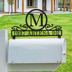 Custom monogram stainless steel mailbox topper with personalized address and scrollwork design.