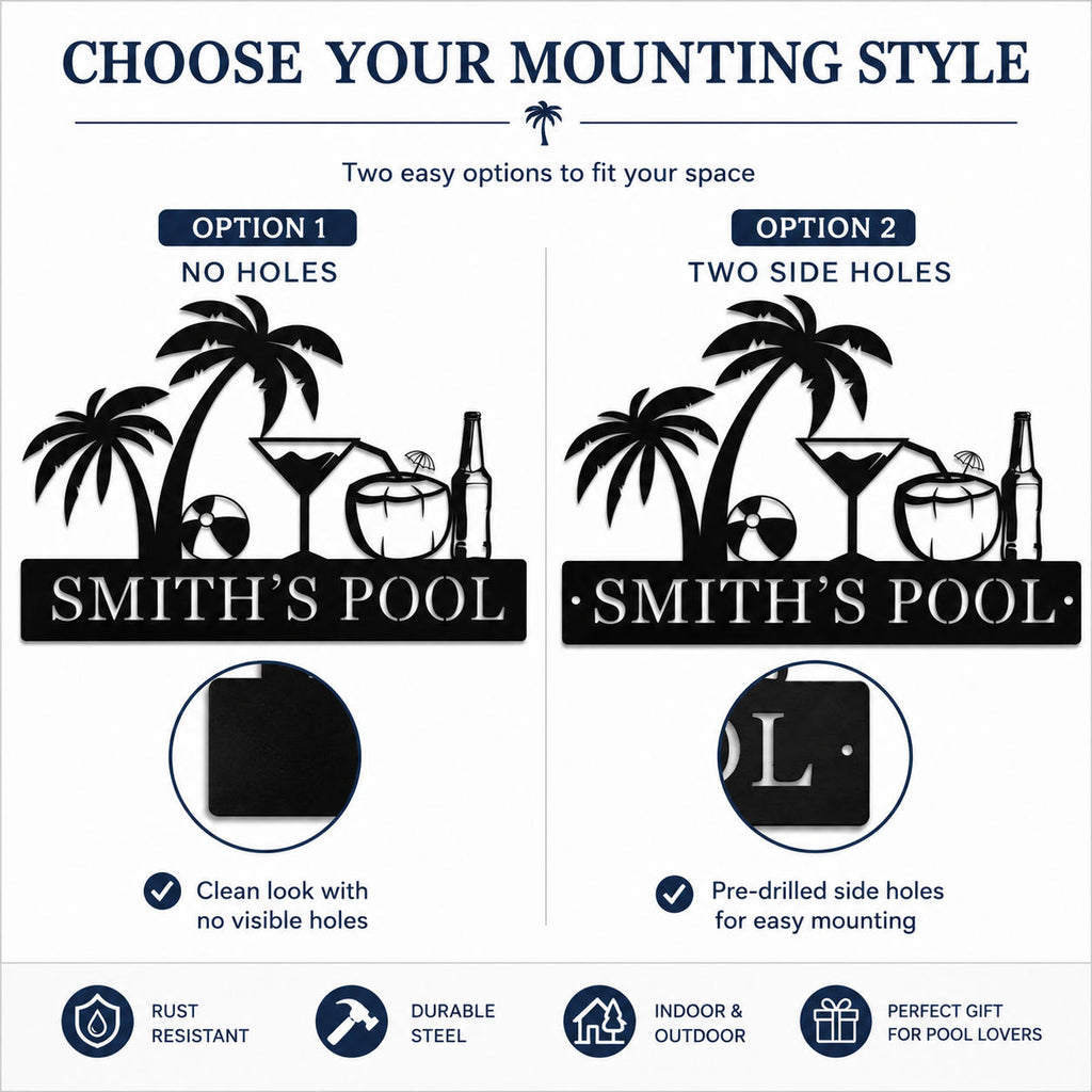 Mounting options for custom metal pool sign featuring no holes and two side holes for easy outdoor installation.