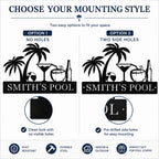 Mounting options for custom metal pool sign featuring no holes and two side holes for easy outdoor installation.