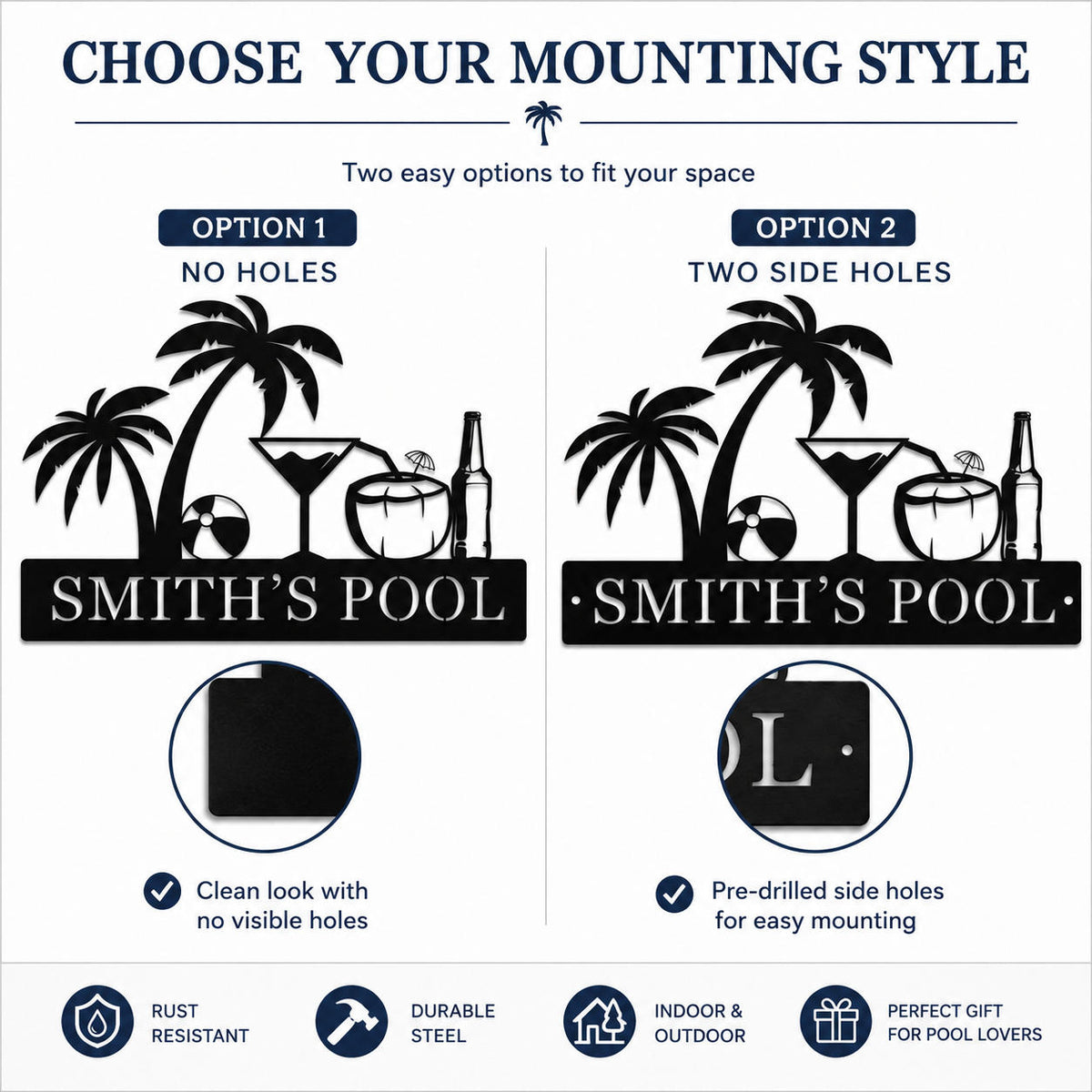 Mounting options for custom metal pool sign featuring no holes and two side holes for easy outdoor installation.