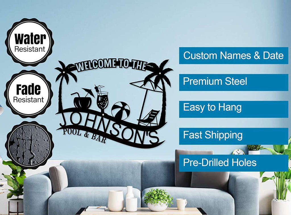 Customizable black metal sign with a tropical design, featuring palm trees, a beach umbrella, lounge chair, beach ball, and cocktails, with "Welcome to The Johnson's Pool & Bar" text.