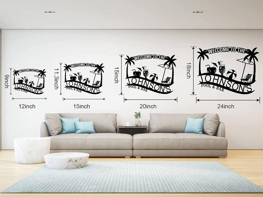 Customizable black metal sign with a tropical design, featuring palm trees, a beach umbrella, lounge chair, beach ball, and cocktails, with "Welcome to The Johnson's Pool & Bar" text.