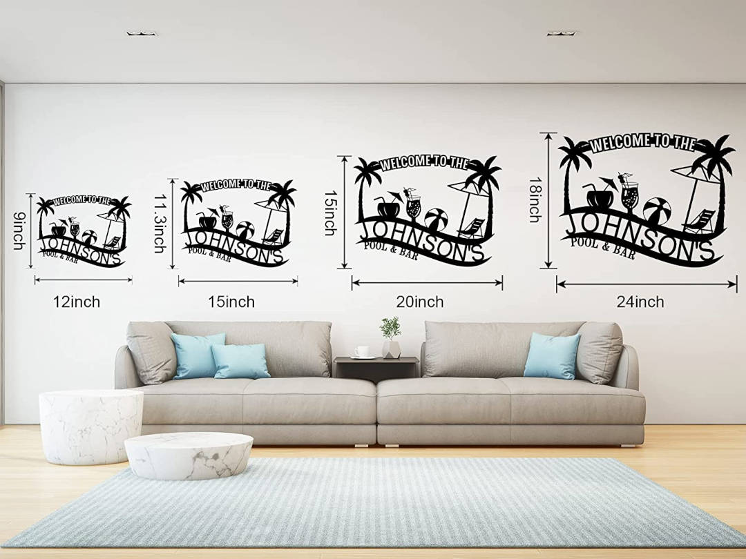 Customizable black metal sign with a tropical design, featuring palm trees, a beach umbrella, lounge chair, beach ball, and cocktails, with "Welcome to The Johnson's Pool & Bar" text.