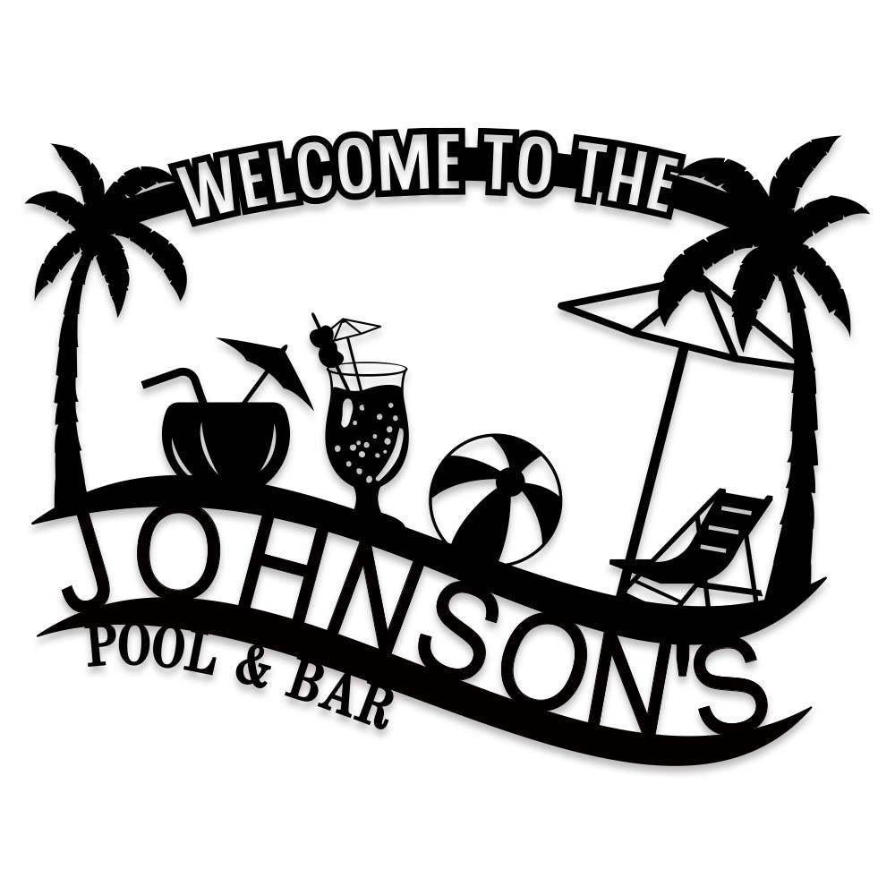 Customizable black metal sign with a tropical design, featuring palm trees, a beach umbrella, lounge chair, beach ball, and cocktails, with "Welcome to The Johnson's Pool & Bar" text.