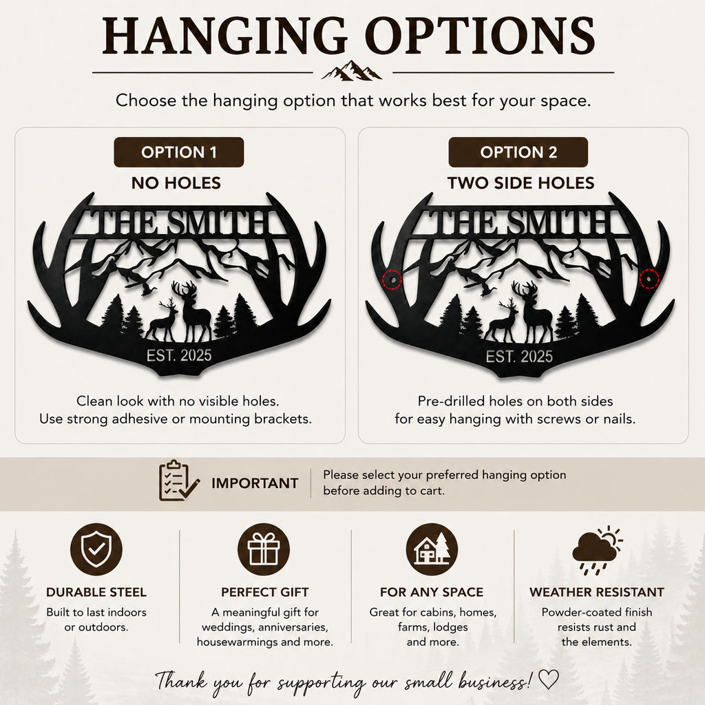 Hanging options for a custom metal sign showing no holes and two pre-drilled side holes.