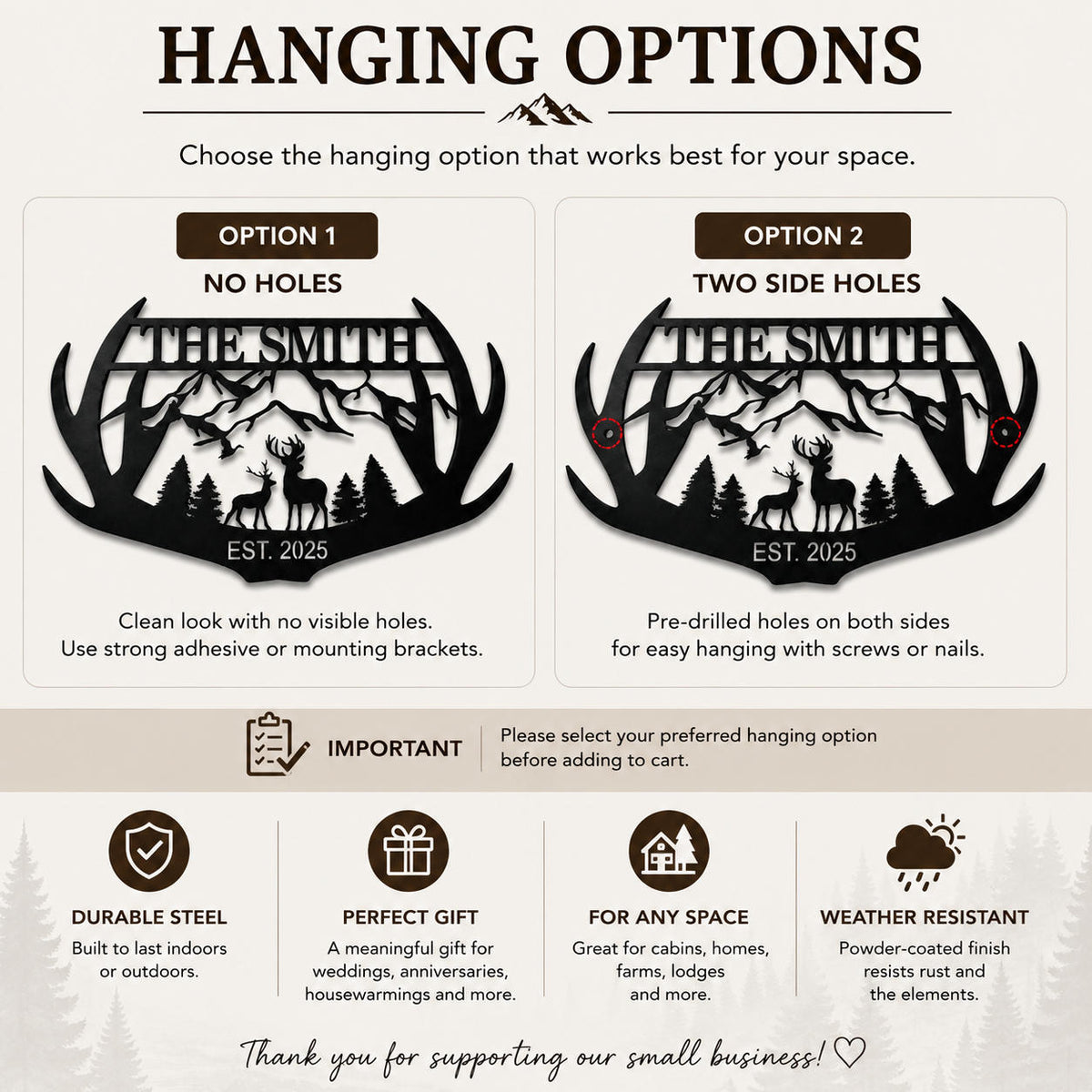 Hanging options for a custom metal sign showing no holes and two pre-drilled side holes.