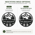 Comparison of personalized metal sign mounting options with no holes or two small holes on the side edges.