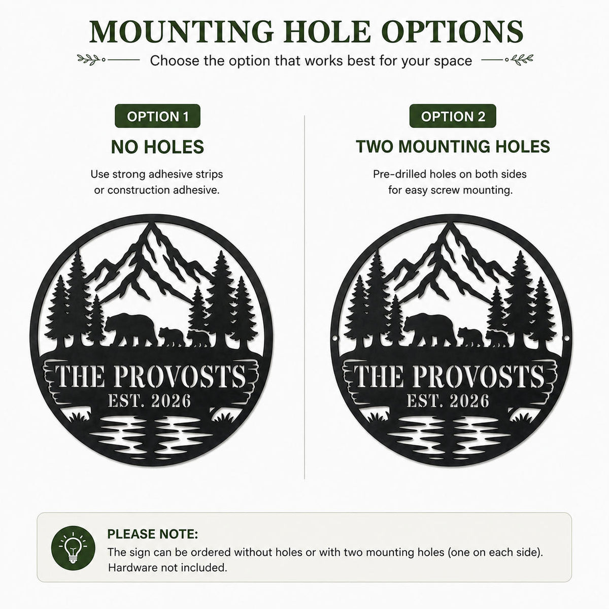 Comparison of personalized metal sign mounting options with no holes or two small holes on the side edges.