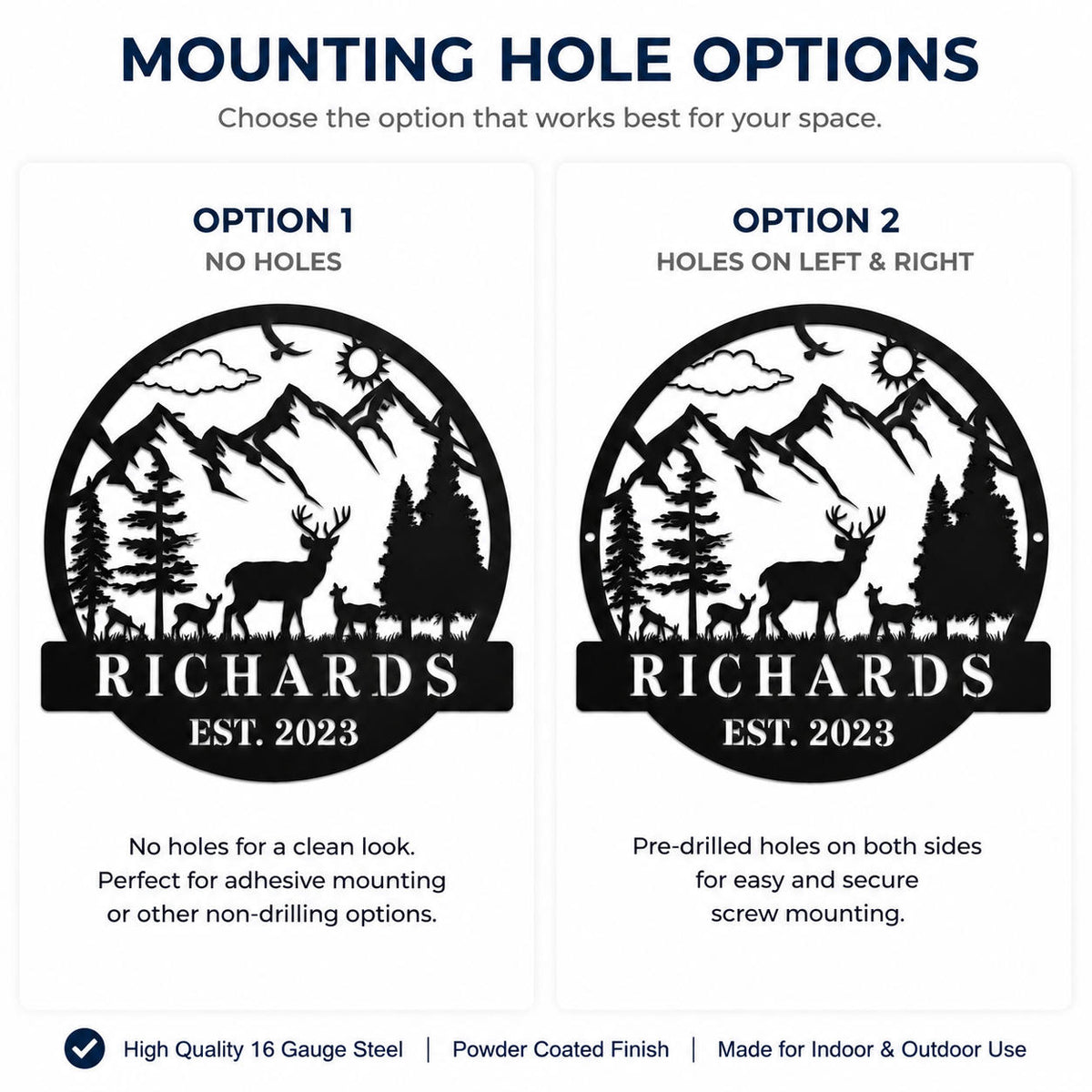 Comparison of mounting options for a custom metal sign, including no holes and left-right mounting holes.