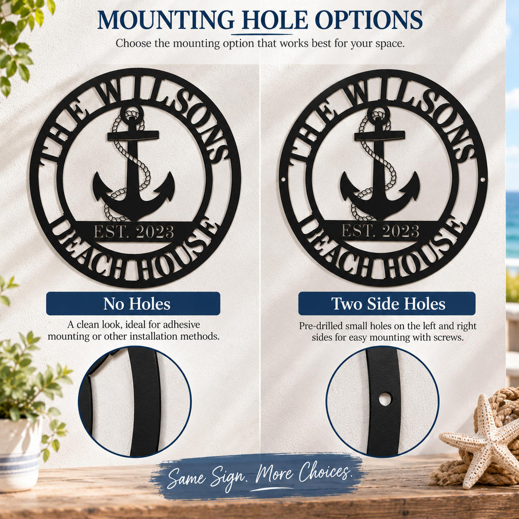 Mounting hole options for a personalized metal sign showing no holes and two small side holes.