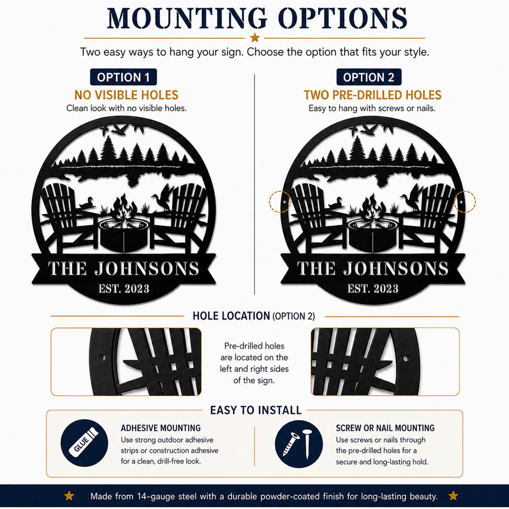 Comparison of two mounting options for a personalized metal sign: no holes or pre-drilled side holes.