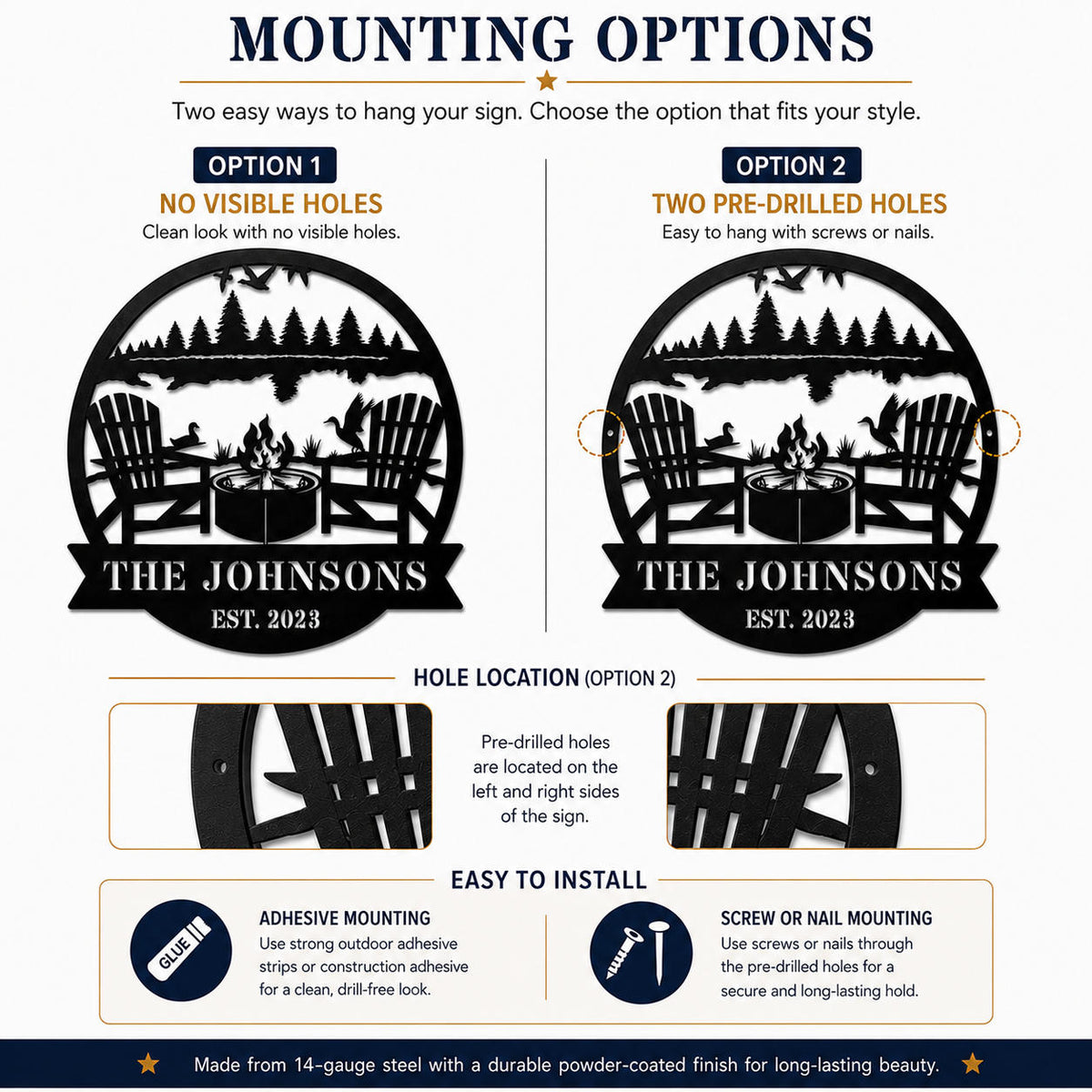 Comparison of two mounting options for a personalized metal sign: no holes or pre-drilled side holes.