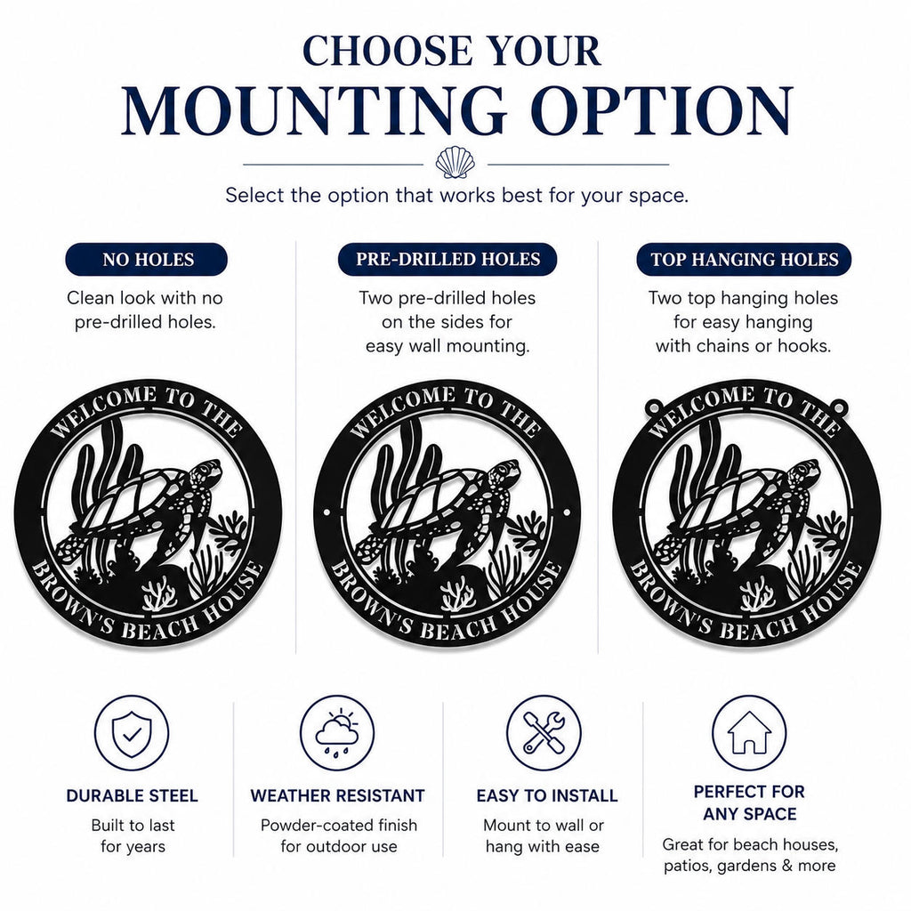 Three mounting options for a personalized sea turtle metal sign: no holes, pre-drilled side holes, and top hanging holes.