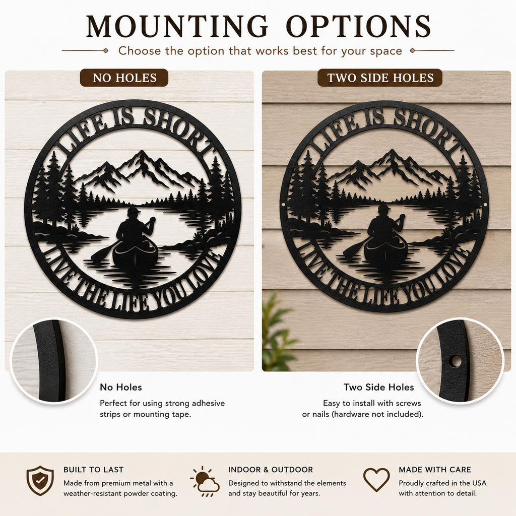 Comparison of no-hole and two-side-hole mounting options for a round metal wall sign.