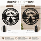 Comparison of no-hole and two-side-hole mounting options for a round metal wall sign.
