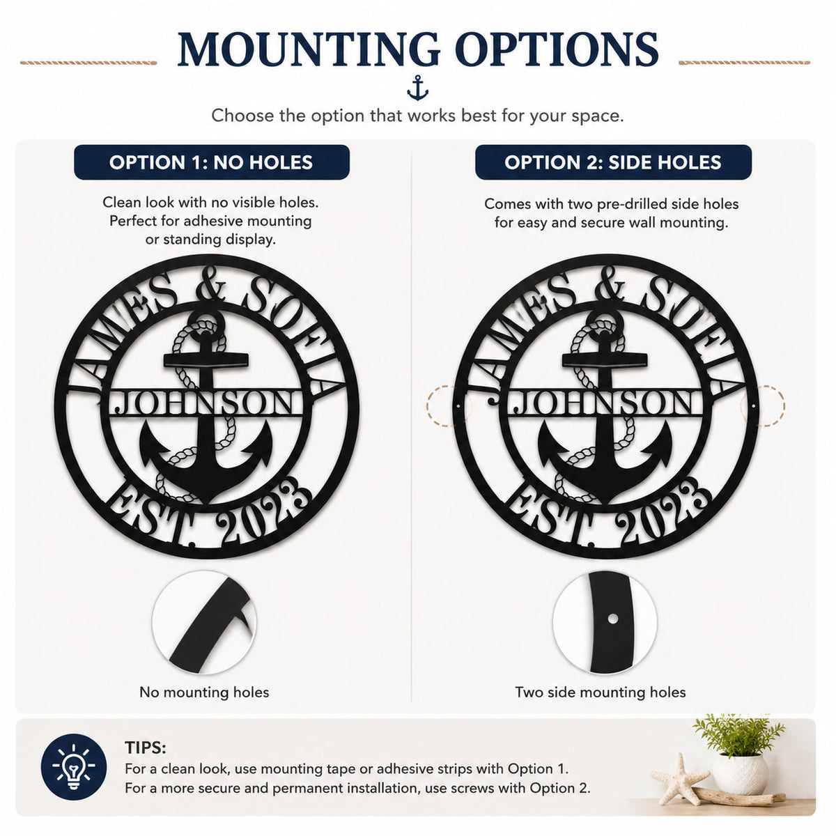Metal sign mounting options comparison showing no holes and side mounting holes