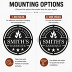 Comparison of no holes and side hole mounting options for a round personalized metal sign.