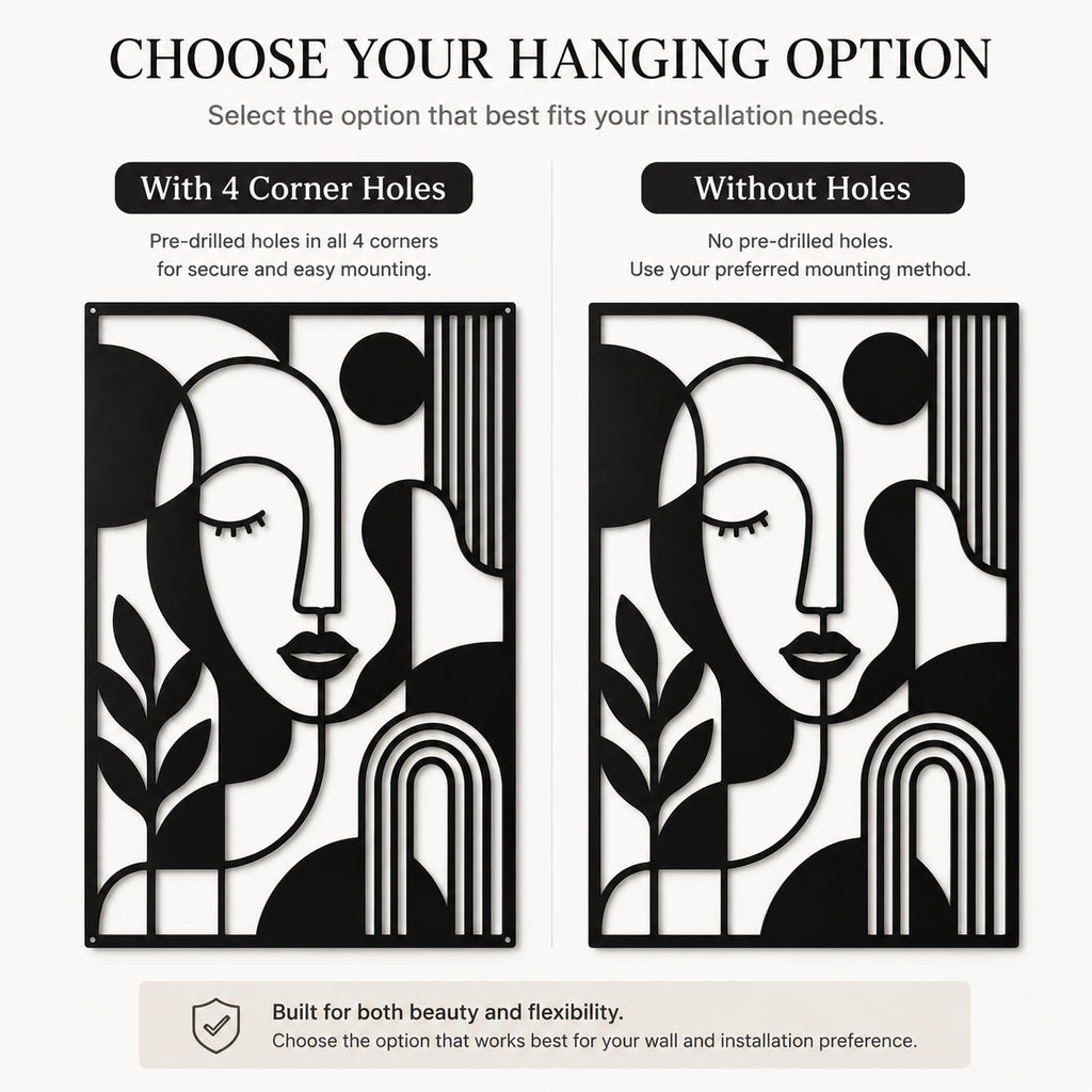 Metal wall art hanging options showing four corner holes and no holes installation choices